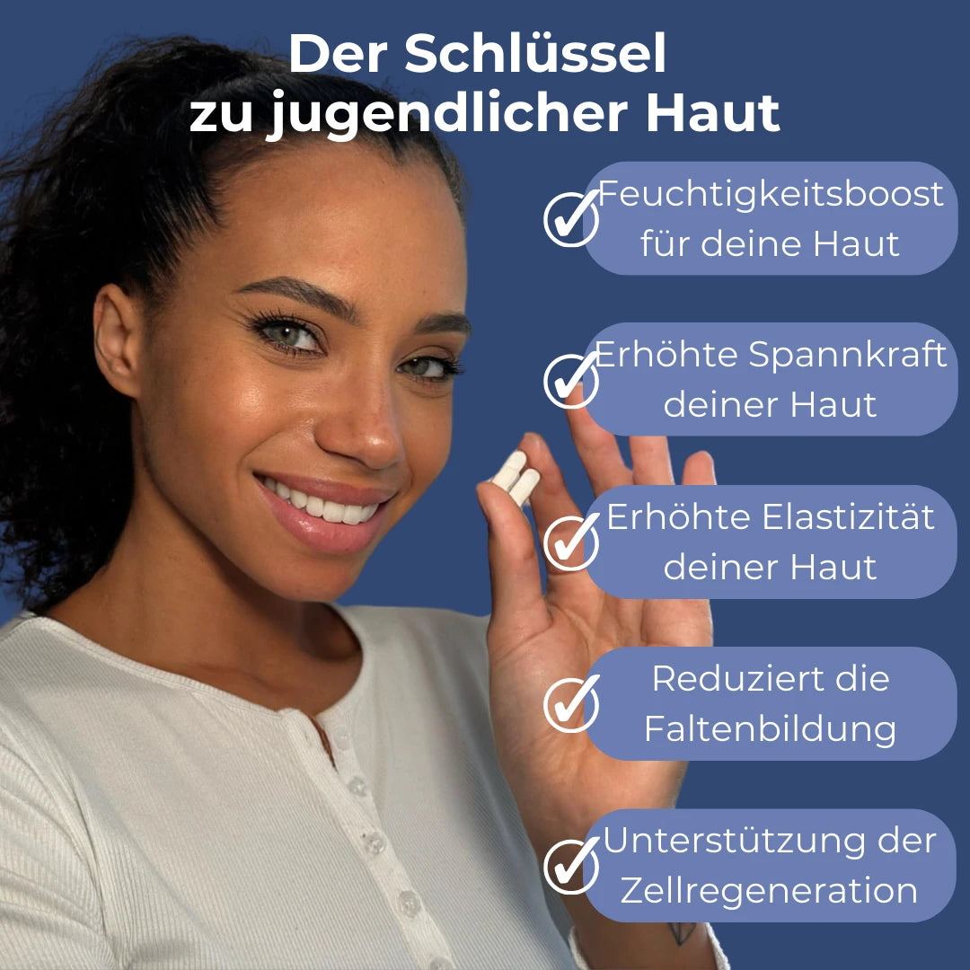 Eine junge Frau hat zwei Kapseln vom Hyaluron-Booster in der Hand. Es ist zu erkennen, dass die Kapseln klein sind und daher sehr angenehm zum Schlucken. Rechts sind noch Sitchpunkte der Vorteile unsere Hyaluronsäure Kapseln. Z.B. Wir die Feuchtigkeit in der Hautverbessert, die Haut hat eine erhöhte Spannkraft oder Falten werden reduziert.