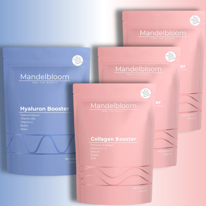 Entdecke unser 3-Montas-Paket. Die perfekte Kombination aus Kollagen und Hyaluronsäure. Für dein schönstes Hautgefühl. Preisvorteil sichern