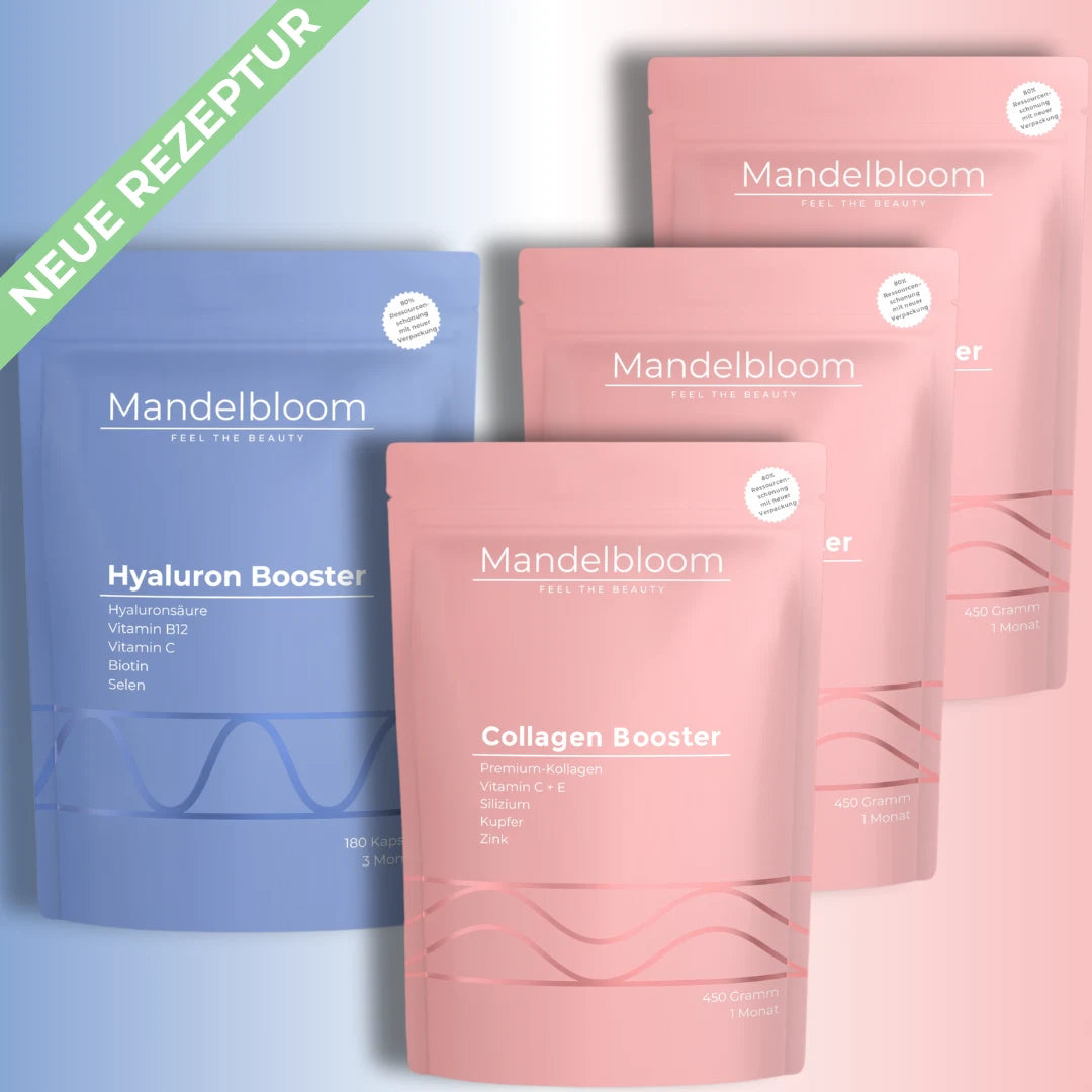 Entdecke unser 3-Montas-Paket. Die perfekte Kombination aus Kollagen und Hyaluronsäure. Für dein schönstes Hautgefühl. Preisvorteil sichern