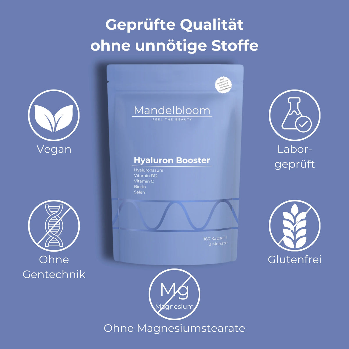 Vegane Hyaluronsäure, ohne Gentechnik, Laborgeprüftes Hyaluron, Glutenfrei
